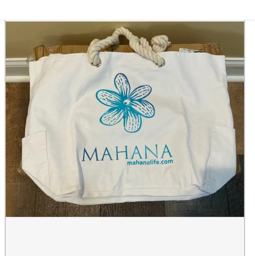 Mahana Canvas Beach Tote with Woven Rope Handles and Flower Motif - Picture 3 of 11